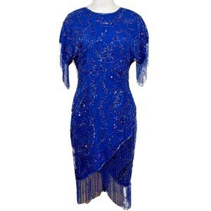 Vintage Laurence Kazar Blue Beaded Fringe 80s Cocktail Dress SZ S